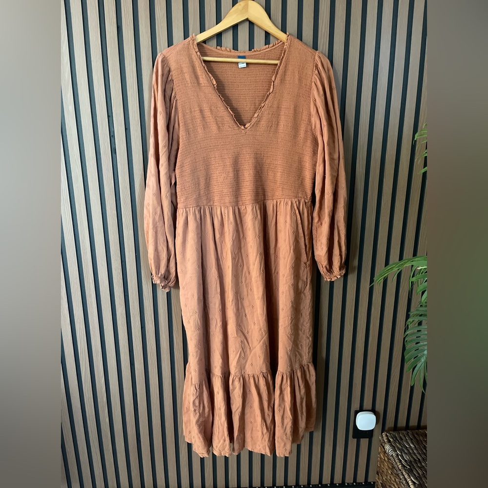 Old Navy Orange Maxi Dress Long Sleeve Smocked Top Embroidered Pockets Boho‎